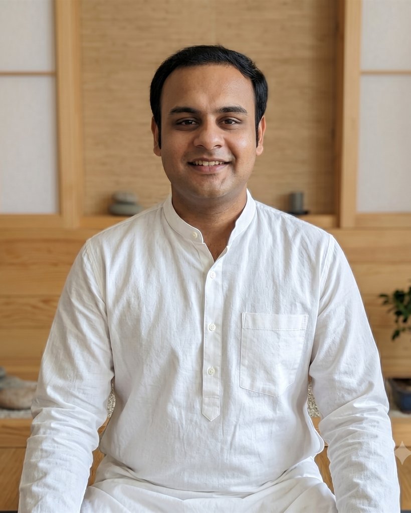 Portrait of Tushar Gupta, sound meditation guide, seated in a calm zen room